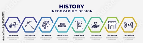vector infographic design template with icons and 8 options or steps. infographic for history concept. included wheelbarrow, pick, egypt, bricks, old paper, viking ship, arc, bones.