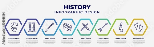 vector infographic design template with icons and 8 options or steps. infographic for history concept. included archaeological, columns, staff, diaur, swords, arrow, moais, footprint.