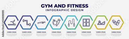 vector infographic design template with icons and 8 options or steps. infographic for gym and fitness concept. included training apparatus, resistance, pushups exercises, carrot and, skip rope,