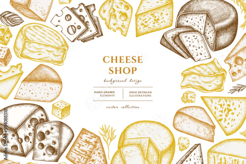 Cheese hand drawn illustration design. Background with vintage brie, gouda cheese, roquefort, etc.