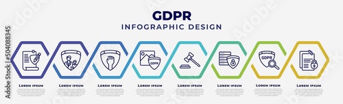 vector infographic design template with icons and 8 options or steps. infographic for gdpr concept. included rectification, child consent, rights, photo, auction, data processing, transparency,