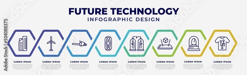 vector infographic design template with icons and 8 options or steps. infographic for future technology concept. included residential, eolic energy, chainsaw, capsule, teleportation, augmented