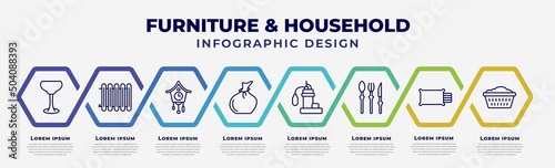 vector infographic design template with icons and 8 options or steps. infographic for furniture & household concept. included glassware, heating unit, cuckoo clock, garbage bags, sump pump,