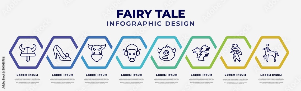 vector infographic design template with icons and 8 options or steps. infographic for fairy tale concept. included viking, cinderella shoe, ogre, vampire, cyclops, cerberus, madre monte, centaur. - obrazy, fototapety, plakaty 