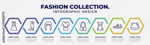vector infographic design template with icons and 8 options or steps. infographic for fashion collection. concept. included outfit, hell, wig, sportswear, handbag elegant de, hawaiian, gym shoes,