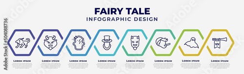 vector infographic design template with icons and 8 options or steps. infographic for fairy tale concept. included chimera, beast, magic mirror, leprechaun, evil, pinocchio, ghost, fanfare.