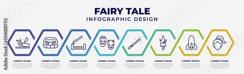 vector infographic design template with icons and 8 options or steps. infographic for fairy tale concept. included shipwreck, , drawbridge, antagonist, magic wand, karakasakozou, atomic bomb,