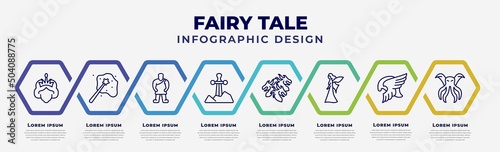 vector infographic design template with icons and 8 options or steps. infographic for fairy tale concept. included queen, enchantment, giant, excalibur, hydra, myth, valkyrie, cthulhu.