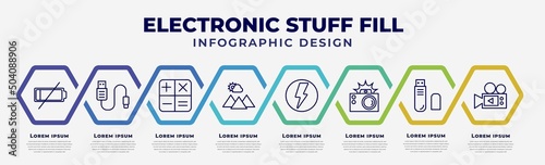 vector infographic design template with icons and 8 options or steps. infographic for electronic stuff fill concept. included low battery, usb cable, calculating, scenic, flash, photo camera with