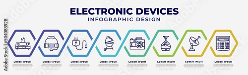 vector infographic design template with icons and 8 options or steps. infographic for electronic devices concept. included hot plate, headphones, charger, grill, photo camera, humidifier, satellite