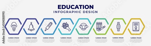 vector infographic design template with icons and 8 options or steps. infographic for education concept. included scream, school bell, highlighter, bouquet, wizard of oz, crayon, watch, thesis.