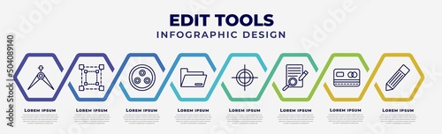 vector infographic design template with icons and 8 options or steps. infographic for edit tools concept. included calipers, free transform, quark, folders, registration mark, defining, blue card,