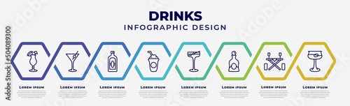 vector infographic design template with icons and 8 options or steps. infographic for drinks concept. included mai tai, martini, herbal liquor, frappuccino, manhattan, liquor, picnic table,