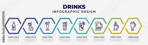 vector infographic design template with icons and 8 options or steps. infographic for drinks concept. included malibu, pomegranate martini, sex on the beach, mint julep, caipirinha, brewery, french