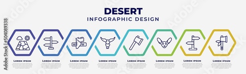 vector infographic design template with icons and 8 options or steps. infographic for desert concept. included salty desert, directional, holster, bull skull, ax, fennec, , tomahawk.