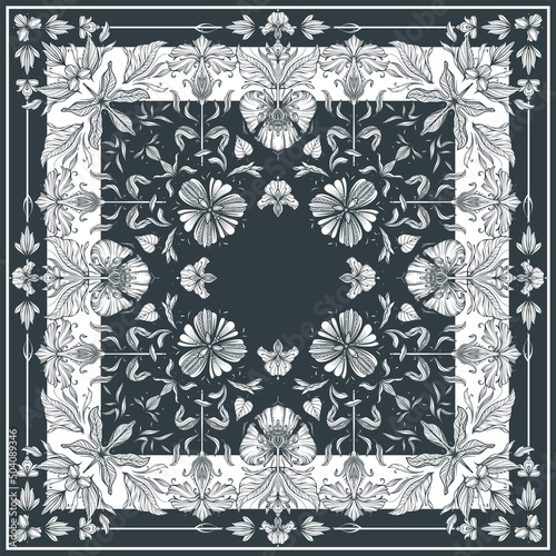 Vector black and white shawl print with beautiful hand drawn floral pattern