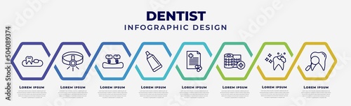 vector infographic design template with icons and 8 options or steps. infographic for dentist concept. included partial denture, headlamp, fake tooth, toothpaste tube, medical prescription, gauze,