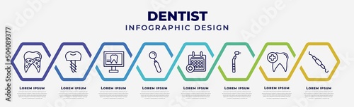 vector infographic design template with icons and 8 options or steps. infographic for dentist concept. included plaque, dental prosthesis, dental monitor, mouth mirror, medical appointment, filler,