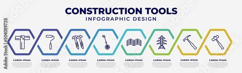 vector infographic design template with icons and 8 options or steps. infographic for construction tools concept. included boning rod, paint roller, screws, measuring wheel, parquet, electric tower,