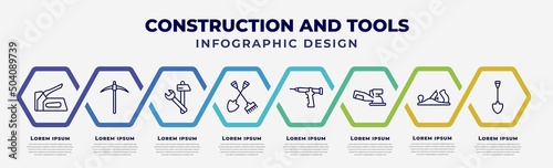 vector infographic design template with icons and 8 options or steps. infographic for construction and tools concept. included staple gun, pickaxe, improvement, shovel and fork, sealant gun, sanding