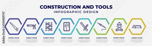 vector infographic design template with icons and 8 options or steps. infographic for construction and tools concept. included handsaw, caulk gun, scaffolding, glass wall, pencil and ruler, solder,