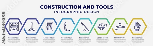 vector infographic design template with icons and 8 options or steps. infographic for construction and tools concept. included drain, soil, copper, jackknife, iron soldering, chop saw, relief valve,