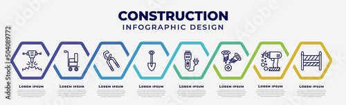 vector infographic design template with icons and 8 options or steps. infographic for construction concept. included hydraulic breaker, trolley with cargo, big clippers, inclined shovel, clippers,