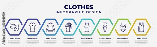 vector infographic design template with icons and 8 options or steps. infographic for clothes concept. included shawl, kaftan, turtleneck, trench coat, sleeveless shirt, tracksuit, lingerie,