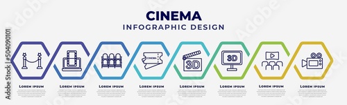 vector infographic design template with icons and 8 options or steps. infographic for cinema concept. included cinema borders, laptop with film strip, theatre seats, tickets, 3d movie, 3 dimension