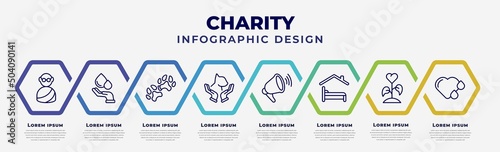 vector infographic design template with icons and 8 options or steps. infographic for charity concept. included , blood donation, dog pawprint, animal rights, loudspeaker, shelter beds, plant