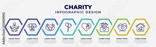 vector infographic design template with icons and 8 options or steps. infographic for charity concept. included human, clothes donation, smiley face, ballons, voluntary service, cash box, charity