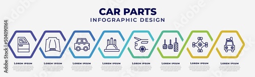 vector infographic design template with icons and 8 options or steps. infographic for car parts concept. included car trim, car hood, hard top, distributor cap, boot, accelerator, universal joint,
