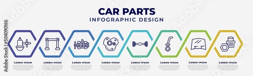 vector infographic design template with icons and 8 options or steps. infographic for car parts concept. included car sump, car torsion bar, alternator, oil pump, axle, dipstick, windscreen, wheel