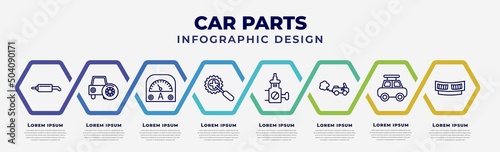 vector infographic design template with icons and 8 options or steps. infographic for car parts concept. included car silencer, car spare wheel, ammeter, crank, choke, tailpipe, roof, cowl.