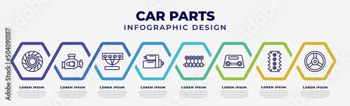 vector infographic design template with icons and 8 options or steps. infographic for car parts concept. included car clutch, car engine, manifold, starter, crankshaft, parcel shelf, cylinder head,