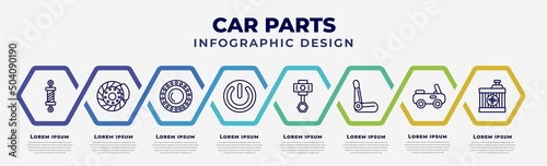 vector infographic design template with icons and 8 options or steps. infographic for car parts concept. included car coil, car disc brake, bearing, ignition, cylinder, bucket seat, soft top,