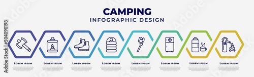 vector infographic design template with icons and 8 options or steps. infographic for camping concept. included axes, fire lamp, boot, sleeping bag, matches, freezer, thermos, firewood.