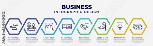 vector infographic design template with icons and 8 options or steps. infographic for business concept. included stats pyramid, bank teller, dual chart, broken credit card, numbered information, man