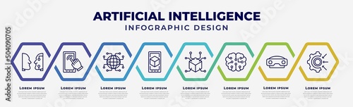 vector infographic design template with icons and 8 options or steps. infographic for artificial intelligence concept. included turing test, touch screen, , ar, 3d, intelligence, stereoscope,