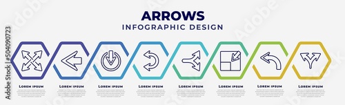 vector infographic design template with icons and 8 options or steps. infographic for arrows concept. included expad arrows, left arrow, exit down, double curve arrow, horizontal split, minimize