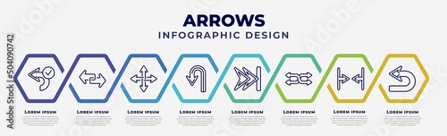 vector infographic design template with icons and 8 options or steps. infographic for arrows concept. included confirm, transfer, move, u turn arrow, skip track, suffle, horizontal merge, return.