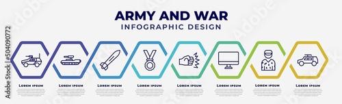 vector infographic design template with icons and 8 options or steps. infographic for army and war concept. included armored vehicle, tank, torpedo, medal, assault, computer, conscription, army car.