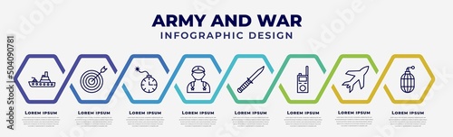 vector infographic design template with icons and 8 options or steps. infographic for army and war concept. included army boat, target, time bomb with clock, general, combat knife, walkie talkie,