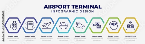 vector infographic design template with icons and 8 options or steps. infographic for airport terminal concept. included luggage inspection, airpot cupboard, plane landing, luggage security, key