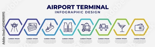 vector infographic design template with icons and 8 options or steps. infographic for airport terminal concept. included landing runway, two credit cards, or up, lifesaver best, trolley with