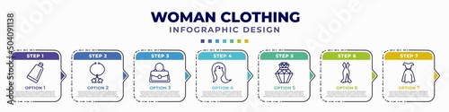 infographic template with icons and 7 options or steps. infographic for woman clothing concept. included creme container black, star pendant, handbag elegant, female long hair, parfum, sexy female
