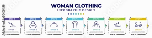 infographic template with icons and 7 options or steps. infographic for woman clothing concept. included eyeliner pencils, hobo shoulder bag, female wallet, clothes, female black handbag, hair clip