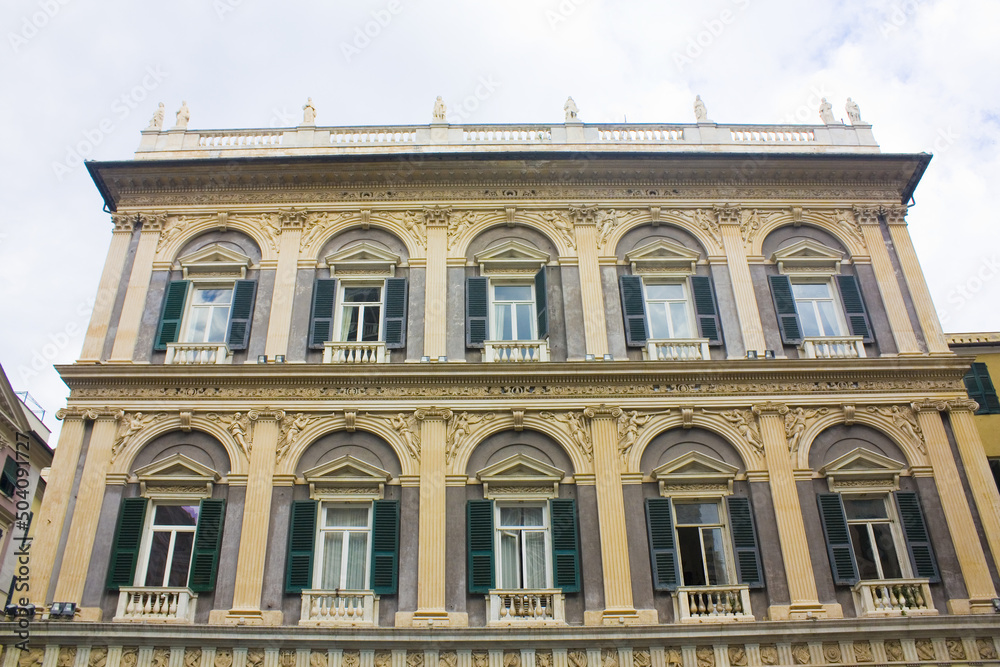 Old building in front of Saint Lawrence (Lorenzo) Cathedral at Via S. Lorenzo in Genoa, Italy