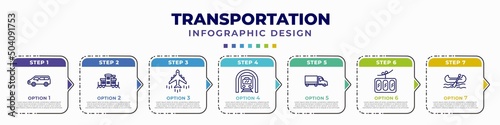 infographic template with icons and 7 options or steps. infographic for transportation concept. included minivan, caboose, airliner, train in a tunnel, eighteen-wheeler, funicular railway, gondola