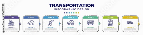 infographic template with icons and 7 options or steps. infographic for transportation concept. included tugboat, litter car, rowing, all terrain, double decker bus, , hearse editable vector.